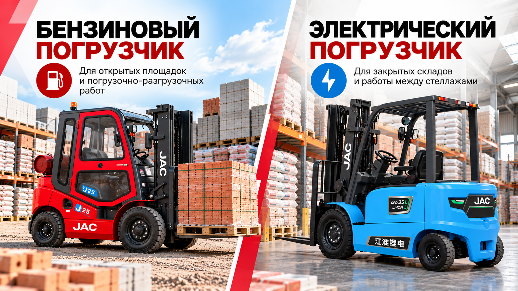 Сравнение бензинового JAC CPQD 25 и электрического JAC CPD 35 L для открытой площадки и закрытого склада